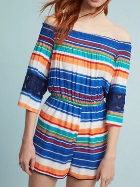 NWOT Anthropologie Bright‎ Bold Stripe Off Shoulder Romper Plenty Tracy Reese XL